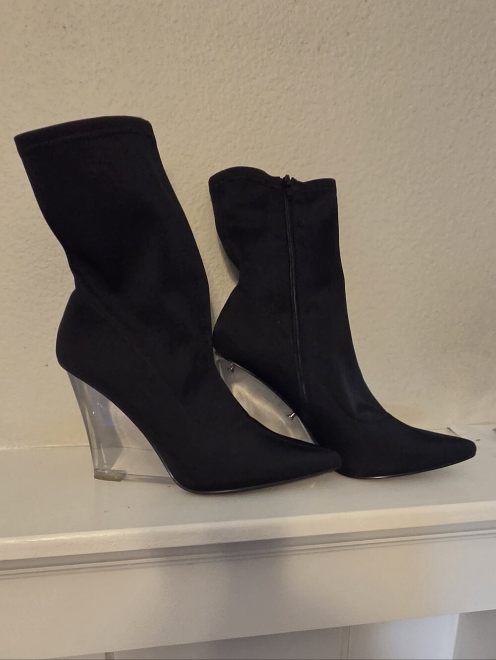 Black Pointed Toe Sock Boot with Clear Wedge Heel - Women